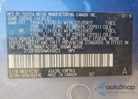 2010 Toyota Rav4 из США, поврежденный, VIN 2T3ZF4DV8AW046823